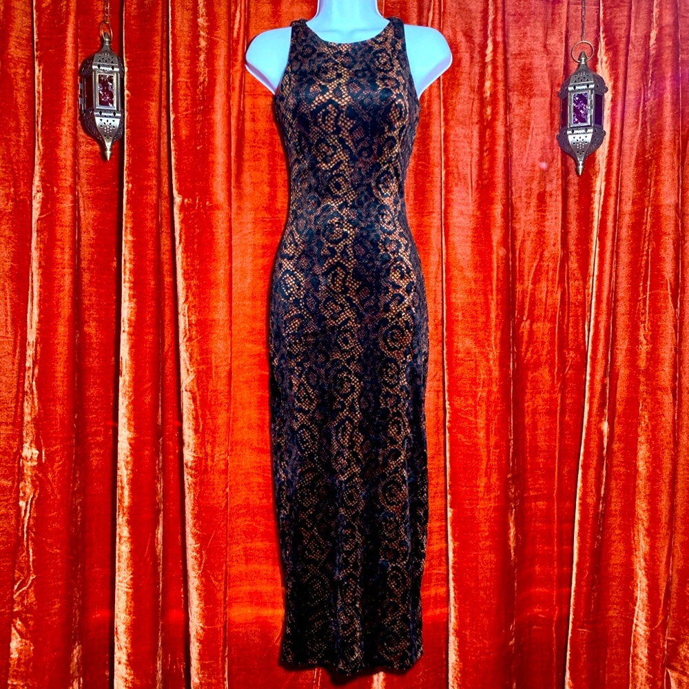 Leopard print bodycon velvet maxi dress. 90’s era vintage Betsey Johnson XXS-SM